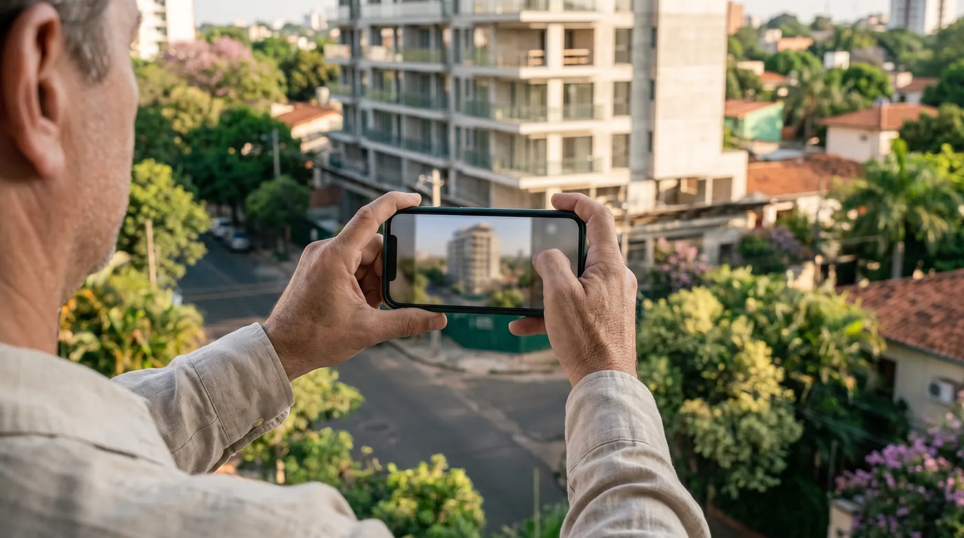 Agent immobilier photographiant l'avancement d'un chantier résidentiel à Asunción avec son smartphone
