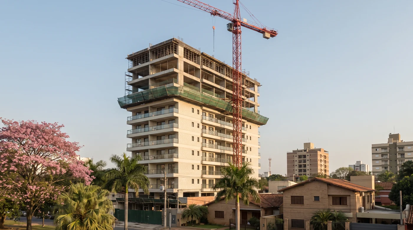Immeuble résidentiel neuf en construction à Asunción, avec grue, sous une lumière naturelle douce